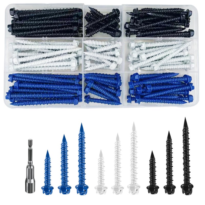 Wensilon (117 PCS) # 3/16 ""Slotted Hexagonal Concrete Screw anchoring kit, Three Color Hexagonal (Blue, White, Black), Used for anchoring to Masonry, Blocks, or Brick Plaster - Image 1